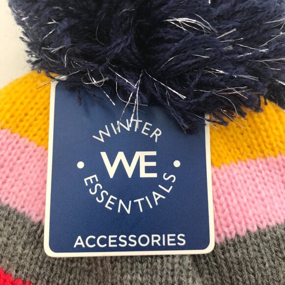 Winter Essentials Girls One Size Multicolor Stripe Knit Beanie with Pom New - Picture 4 of 11